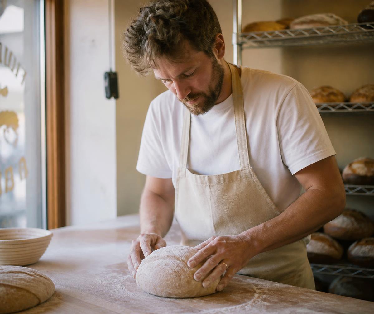 A Great Harvest baker kneading a round dough ball by hand in warm bakery light
